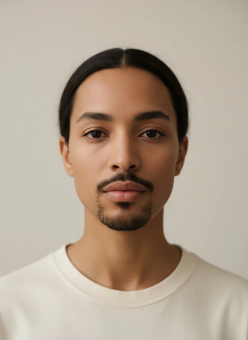 A goatee: hair on the chin joined to a moustache, cheeks shaved