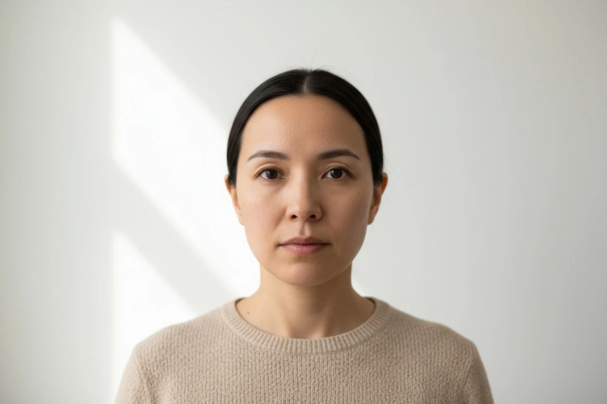 A straight-on portrait in even light — the kind of photo in which the small differences between the two sides of a face become visible