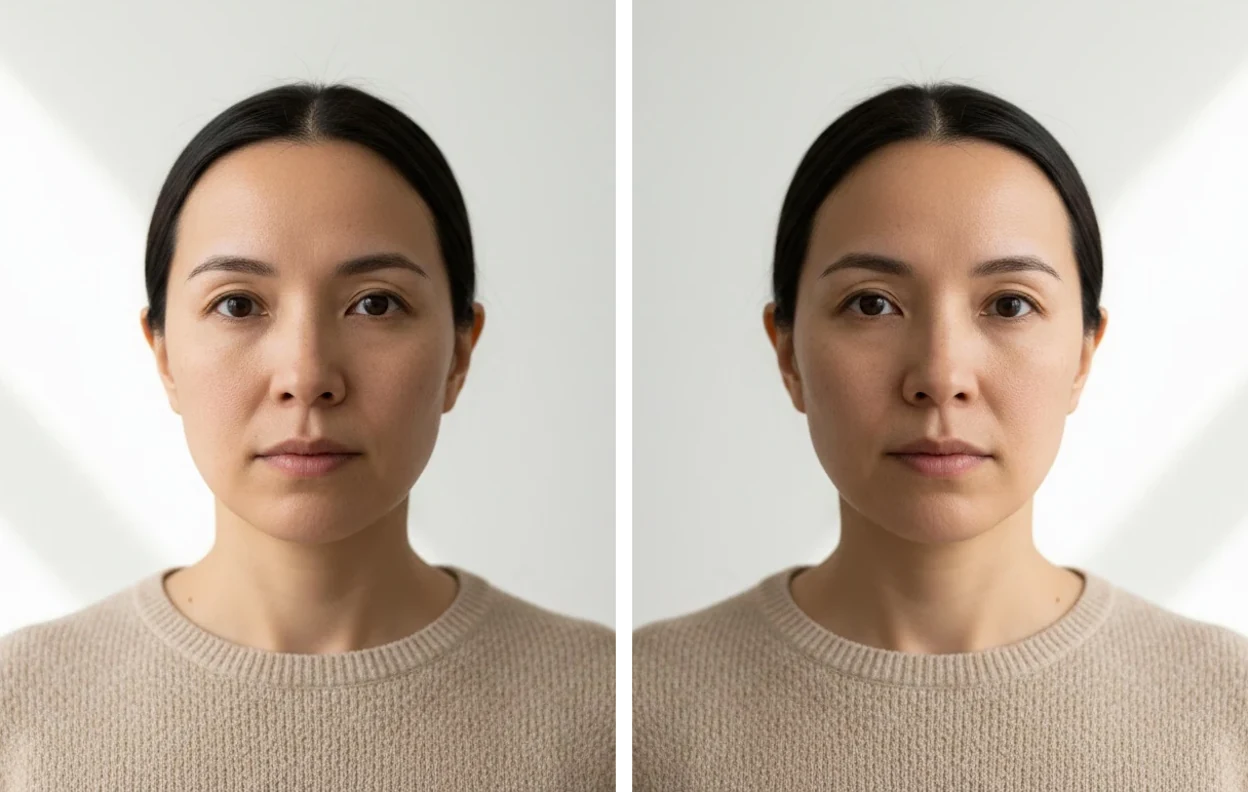 The same photo twice: on the left as the camera recorded it, on the right flipped horizontally, the way its owner sees that face in a mirror
