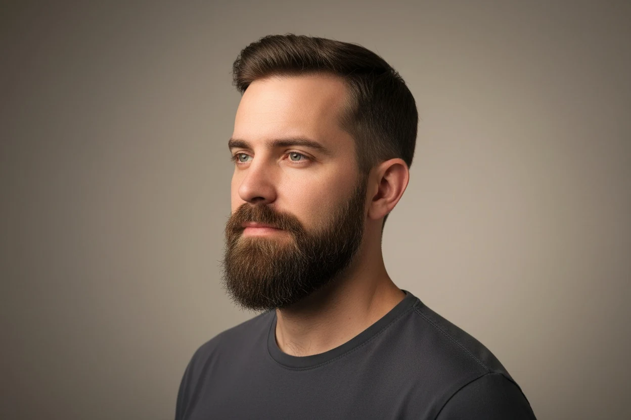 A short boxed beard with a defined cheek line: where a beard is grown and where it is trimmed changes the outline of the lower face