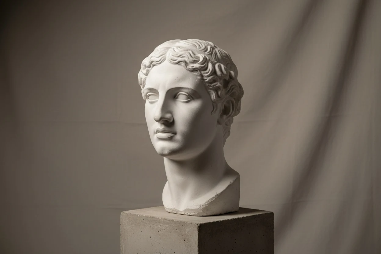 A plaster head lit from above: the shadow under the cheekbone is what most people read as high cheekbones