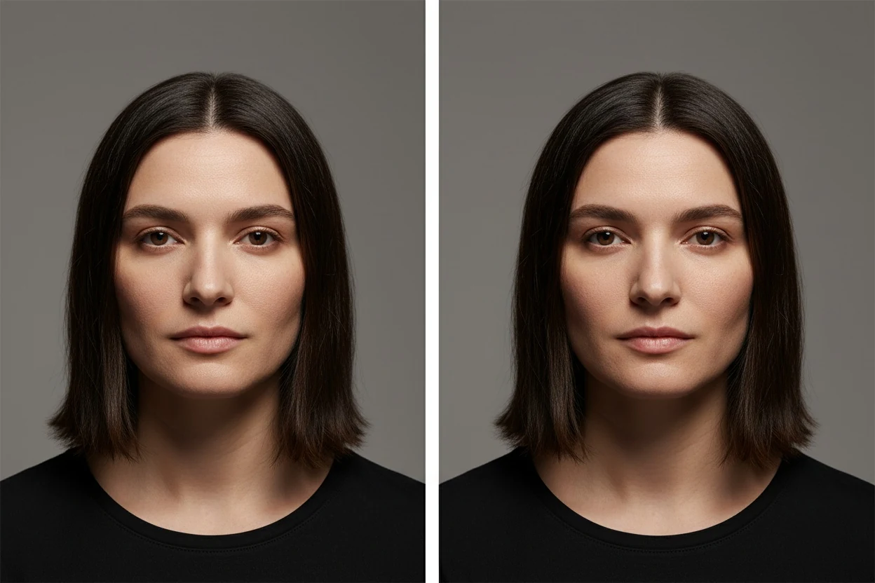 The same face under two lights: a higher light deepens the shadow under the cheekbones, flat front light softens it