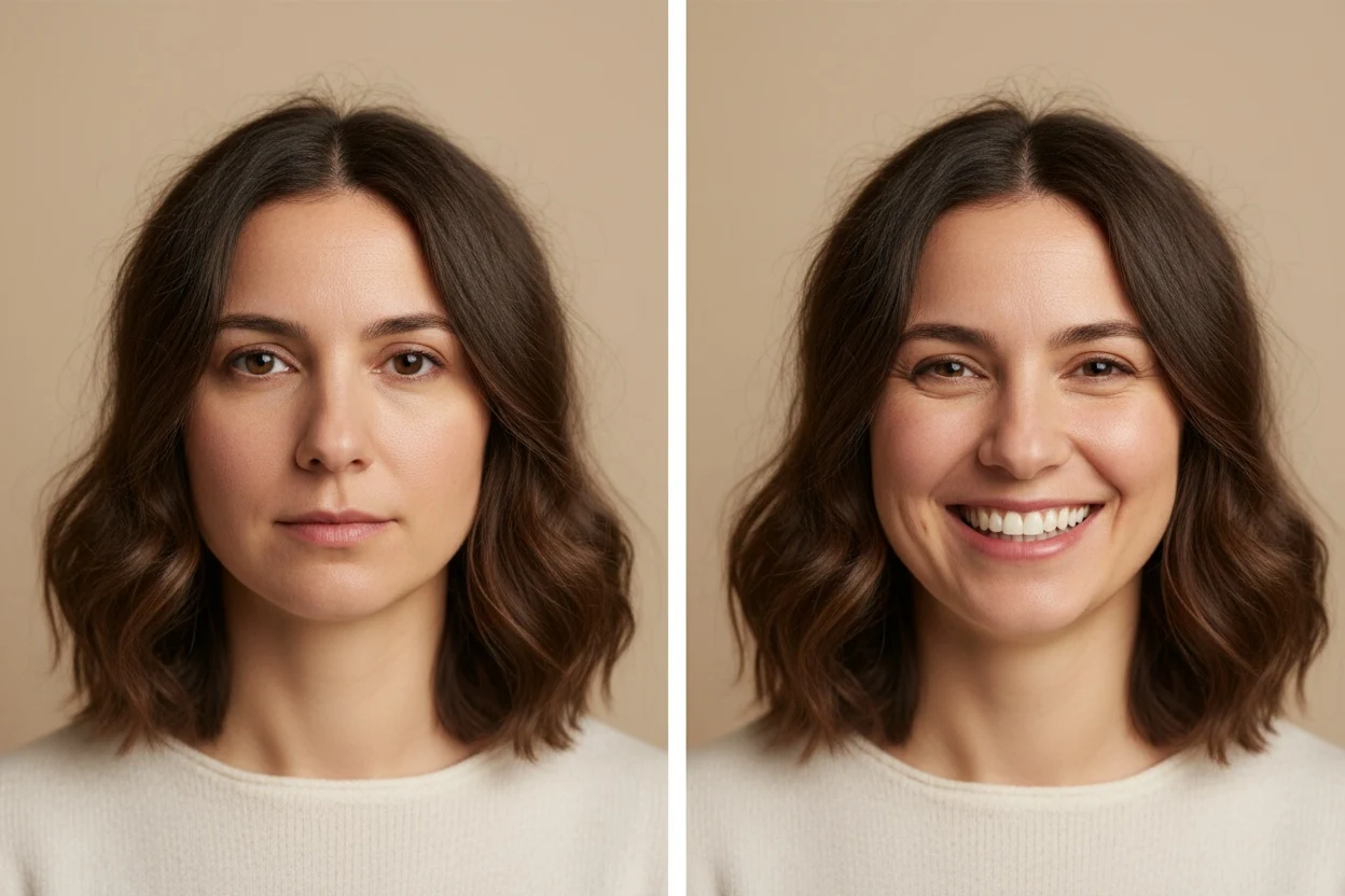 Neutral and smiling: the cheeks rise and round when you smile, while the bone underneath stays where it was