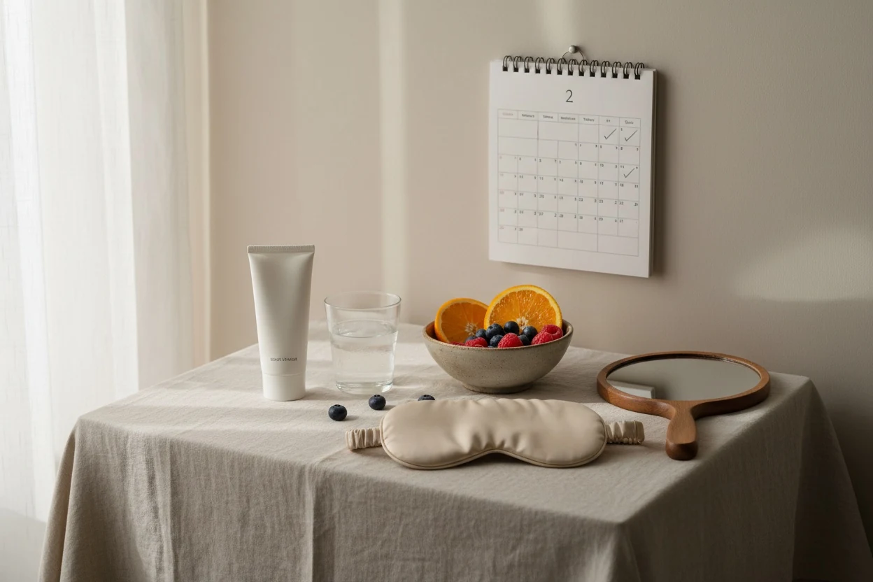 Sunscreen, water, fruit, a sleep mask and a calendar with days ticked off: most of a glow up is small habits kept for weeks