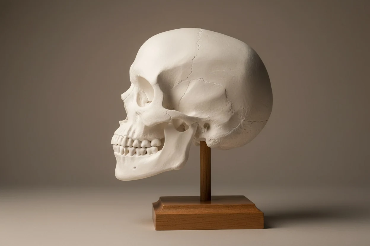 A plaster skull model in strict profile: the gonial angle is the corner where the back of the jaw meets its lower border