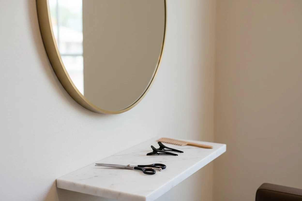 Scissors, comb and clips at a salon mirror: the cut that suits a face shape is the one that puts volume where the outline is narrow