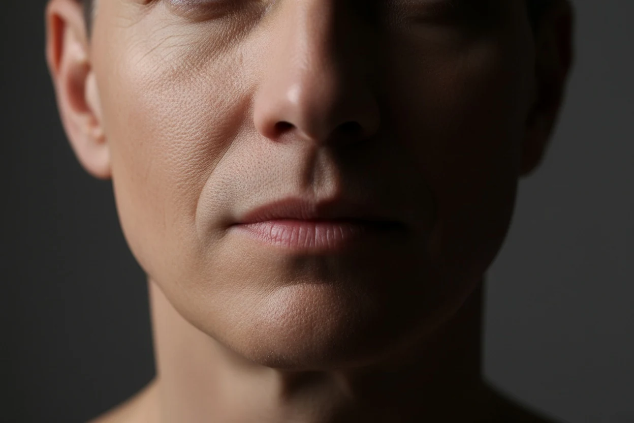 A face under hard side light, the jaw edge drawn by shadow rather than by bone