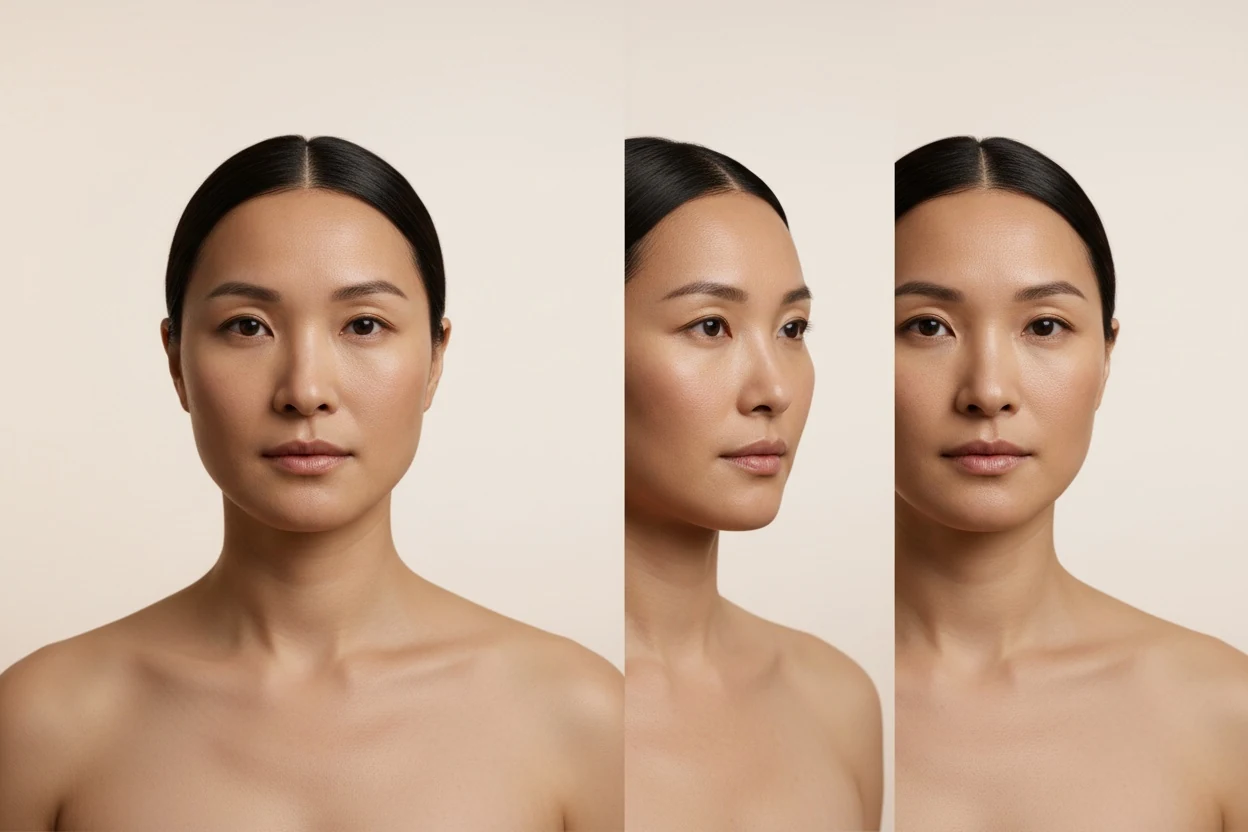 The same face photographed straight on and turned — head rotation changes every horizontal measurement