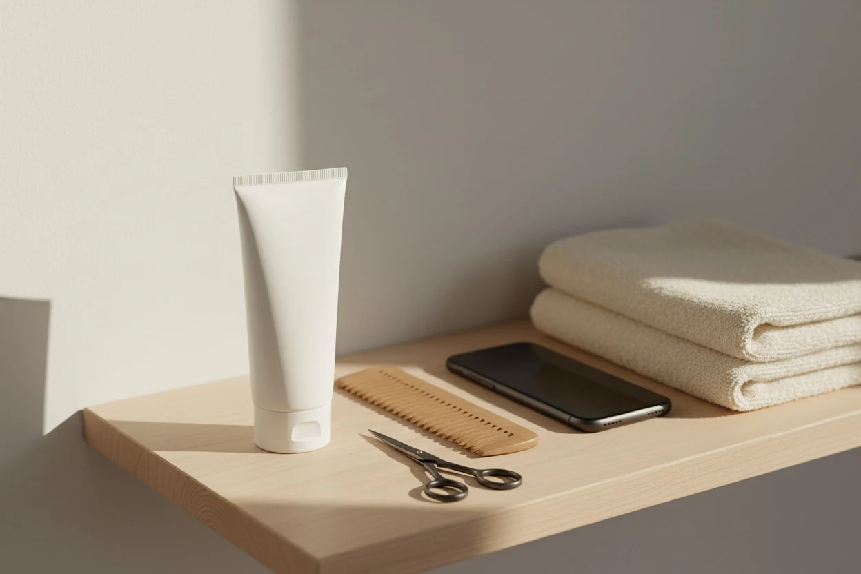 Sunscreen, a comb, scissors and a phone on a shelf: the cheap, reversible basics most of a visible change comes from