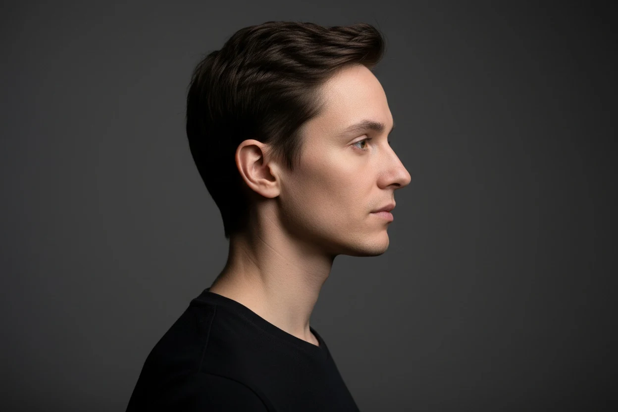 A side profile with the head level: the line from the chin down to the neck is what most people are looking at when they call a jawline sharp