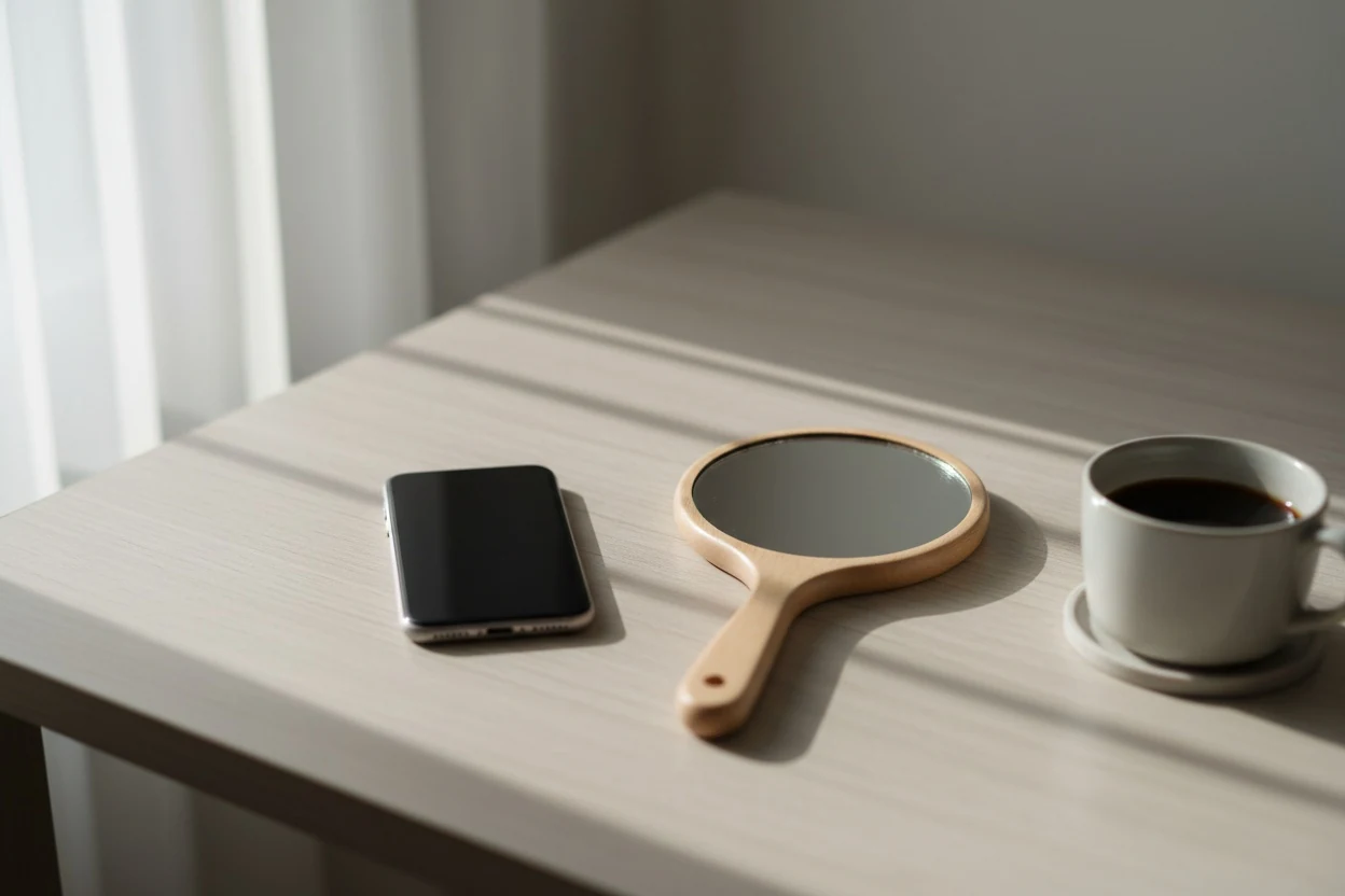 A phone beside a hand mirror: a looksmax AI score is one app's weighting of one photo, not a measurement of how you look