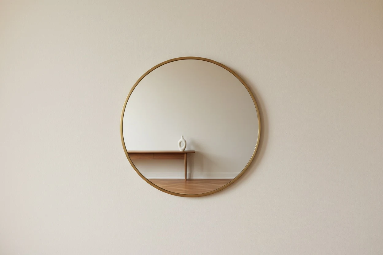 An empty mirror on a plain wall — the face you know best is the flipped one