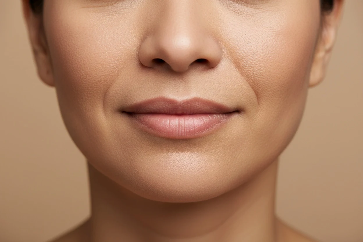 The boundary from the side of the nose to the mouth corner, in flat light — the fold is a tissue border, not a worn line