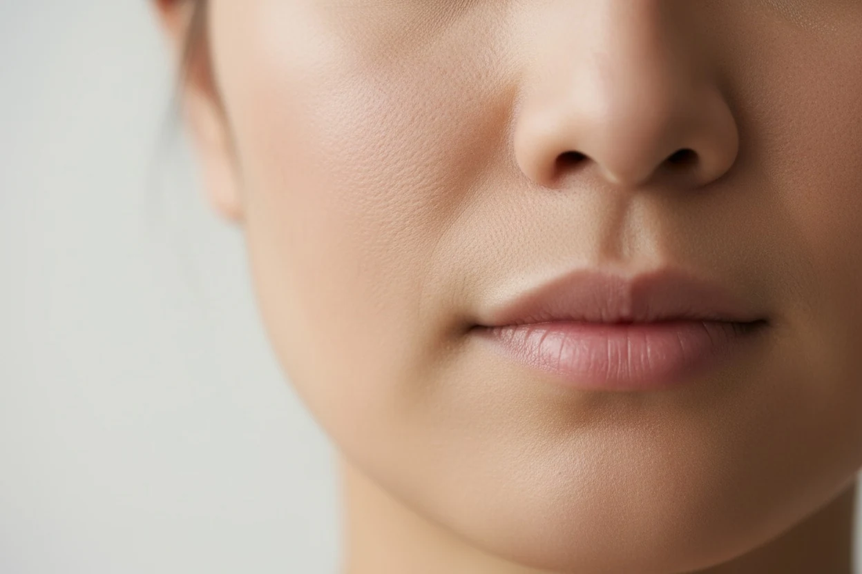 A visible fold on a face with no ageing changes at all — early on it is usually insertion anatomy and cheek volume