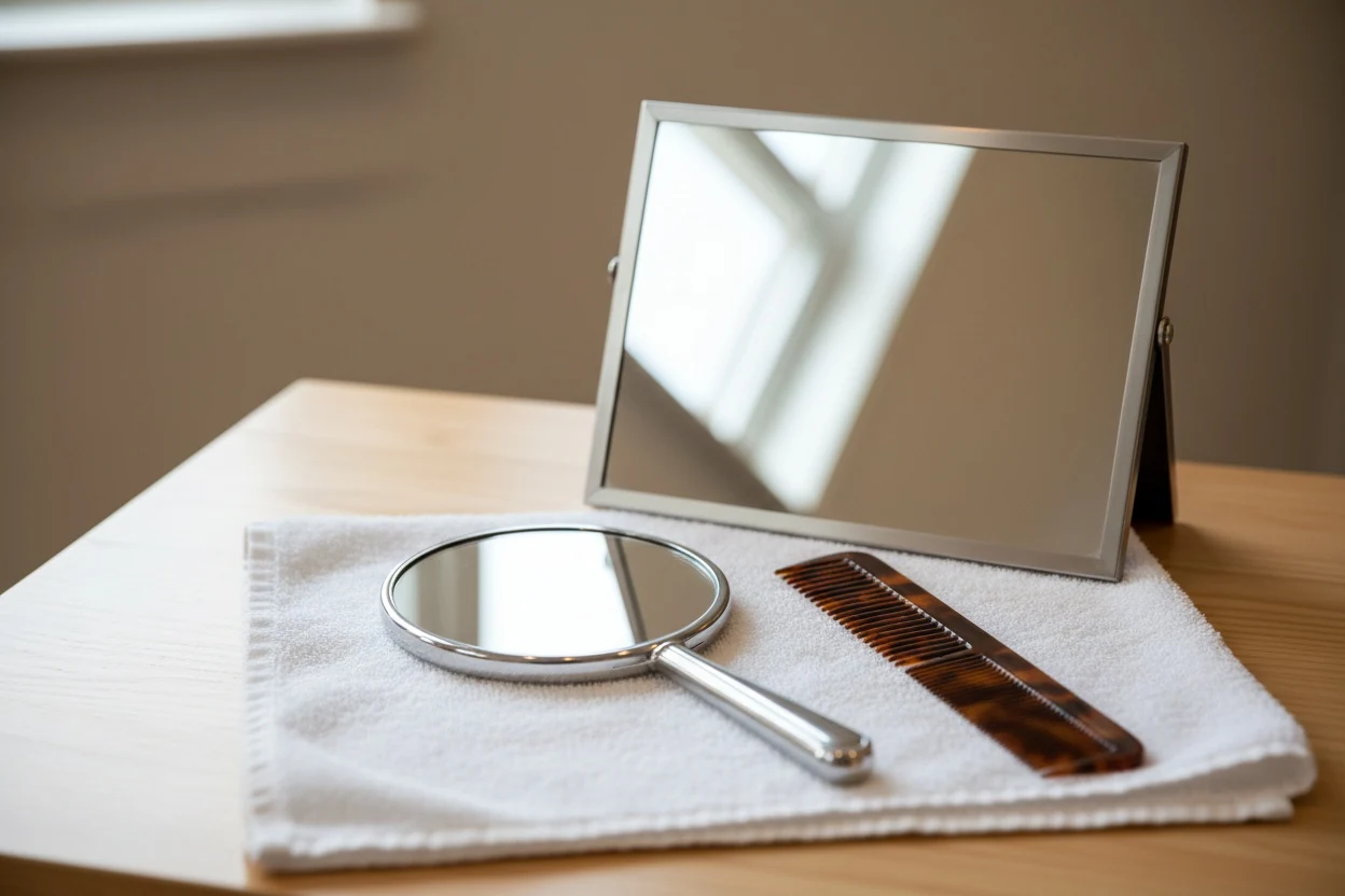 Two mirrors and a comb: seeing the crown of your own head takes a second mirror, which is why most people only ever judge the front of their hairline