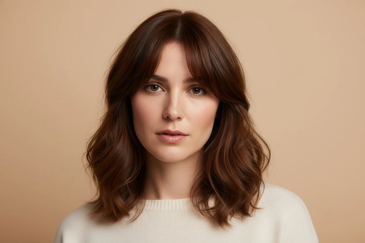 A curtain fringe and waves at cheek level: the two changes that do the most for an oblong face, one hiding length and one adding width