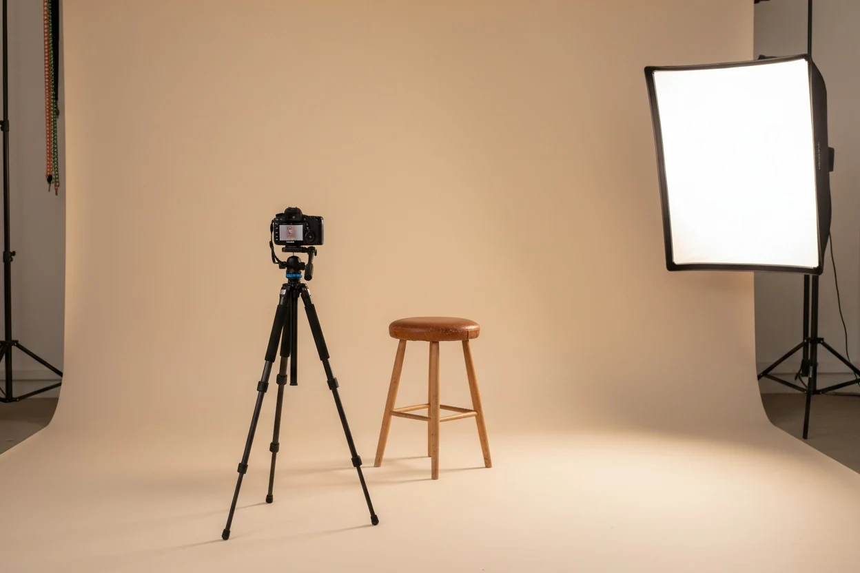 A camera, a light and an empty stool — three of the four things that decide how a face photographs