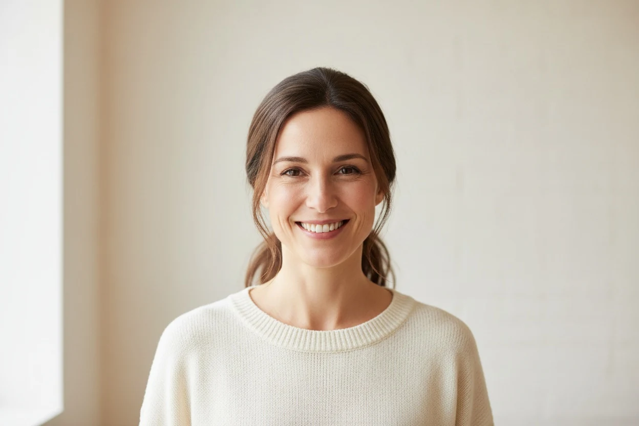 A relaxed smile in soft window light: rested eyes, even skin and expression are what people respond to first