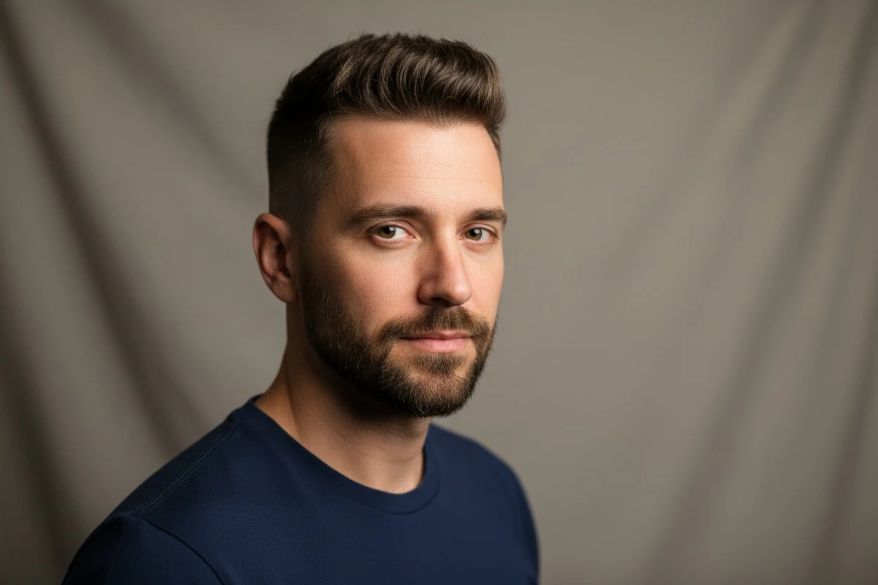 A textured crop with height on top and a high fade: the two changes that do most for a round face