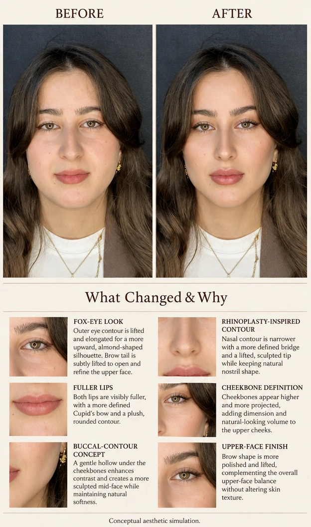 Before and after aesthetic concept with explanations of the visible eye, nose, lip and cheek changes