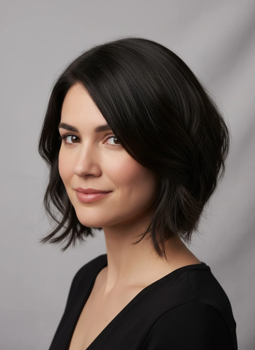 An angled lob, cut longer at the front so the front pieces fall past the jaw