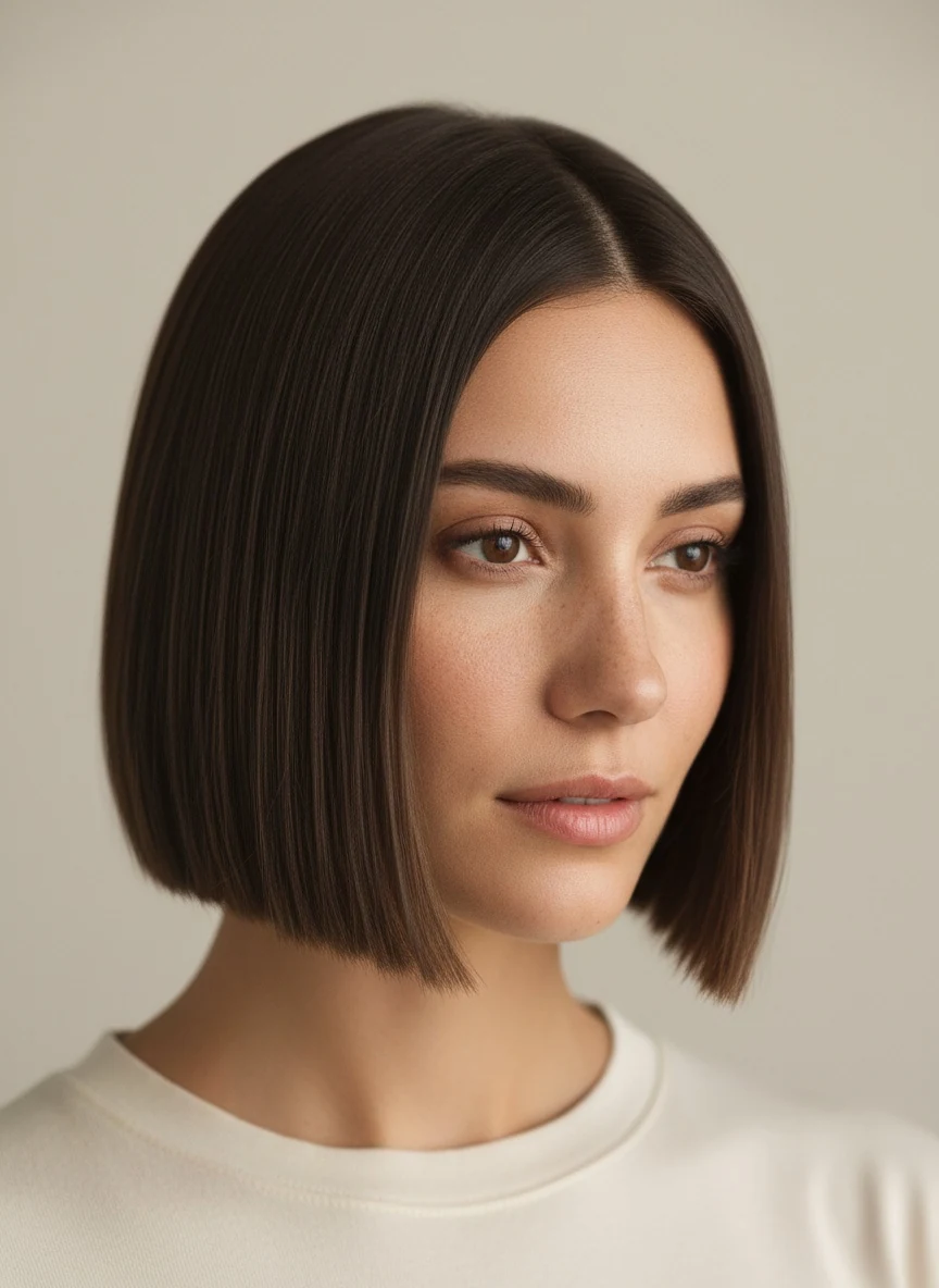 A blunt one-length bob cut level with the jaw