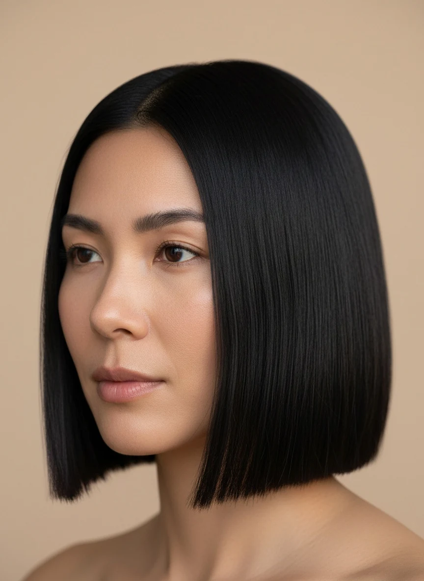 A blunt one-length cut at the collarbone with heavy ends