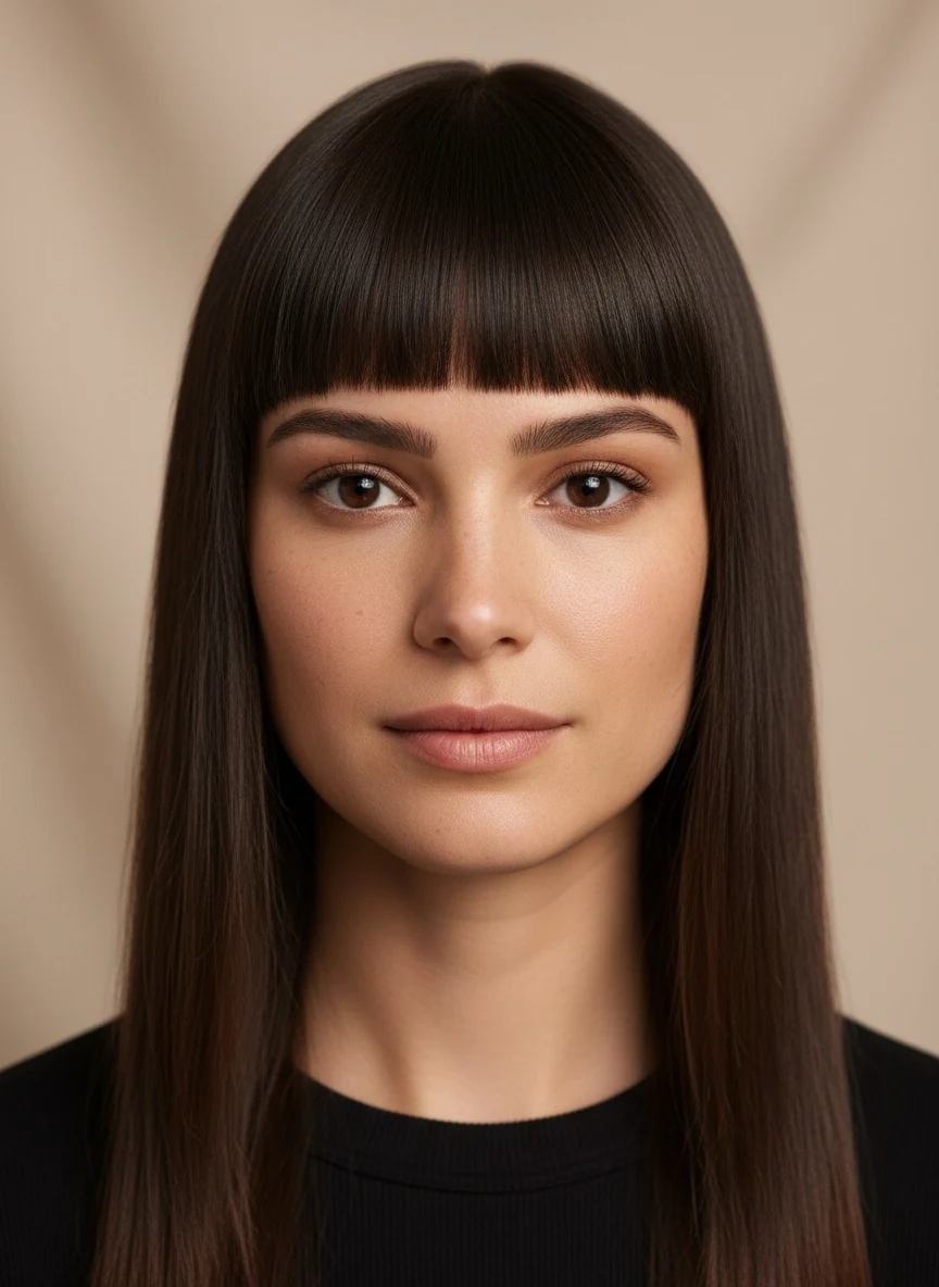 A heavy straight-across fringe at brow level
