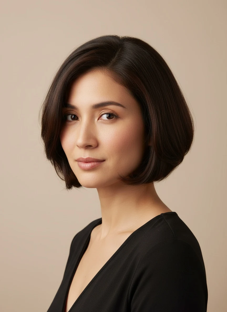 A chin-length bob bending inward at the jaw: a horizontal line and side fullness across the lower face