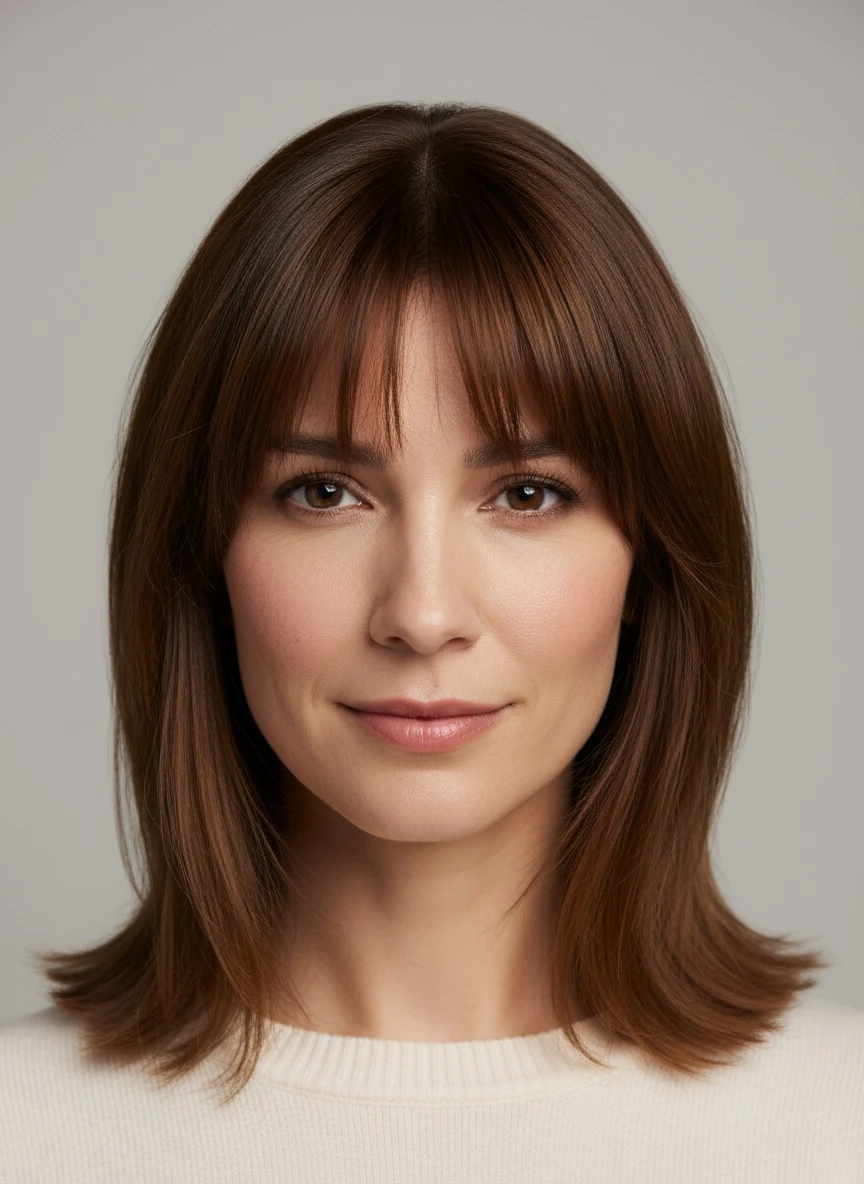 Curtain bangs parted at the centre, framing pieces skimming from cheekbone to jaw