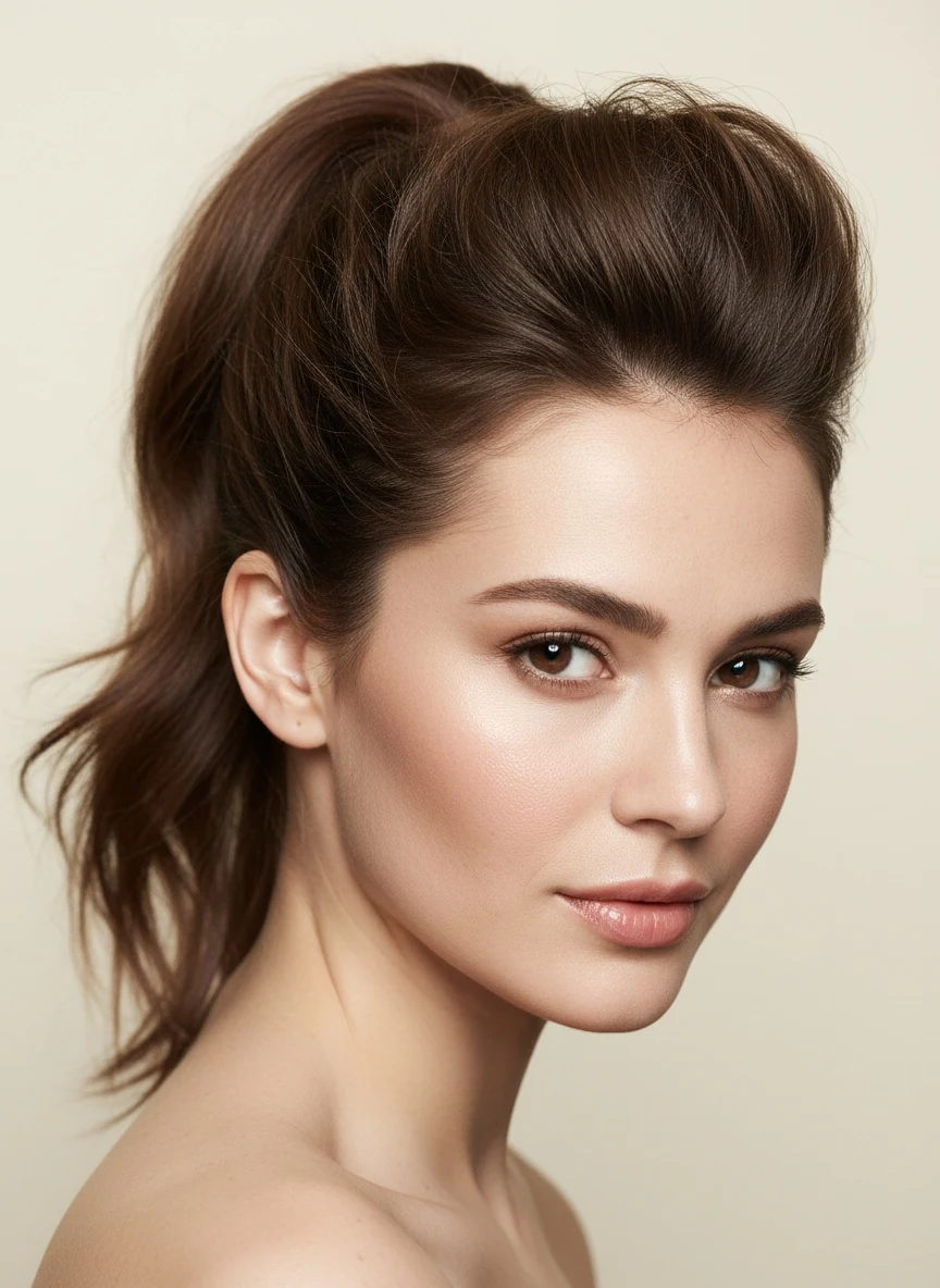 A high ponytail with a teased crown, face fully exposed