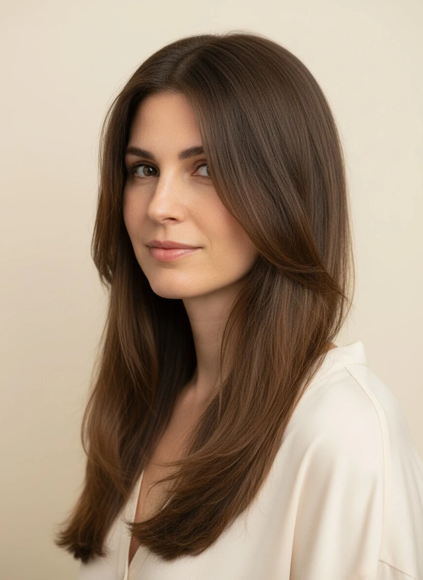 Long layers falling past the collarbone, cut to begin below the cheekbone