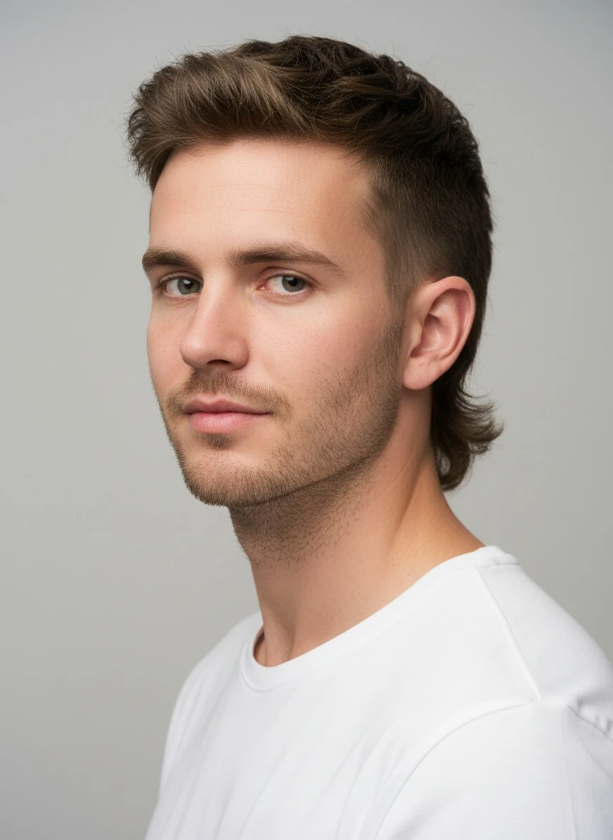 A modern mullet with a low taper: a short textured top, tapered sides and longer hair at the back of the neck