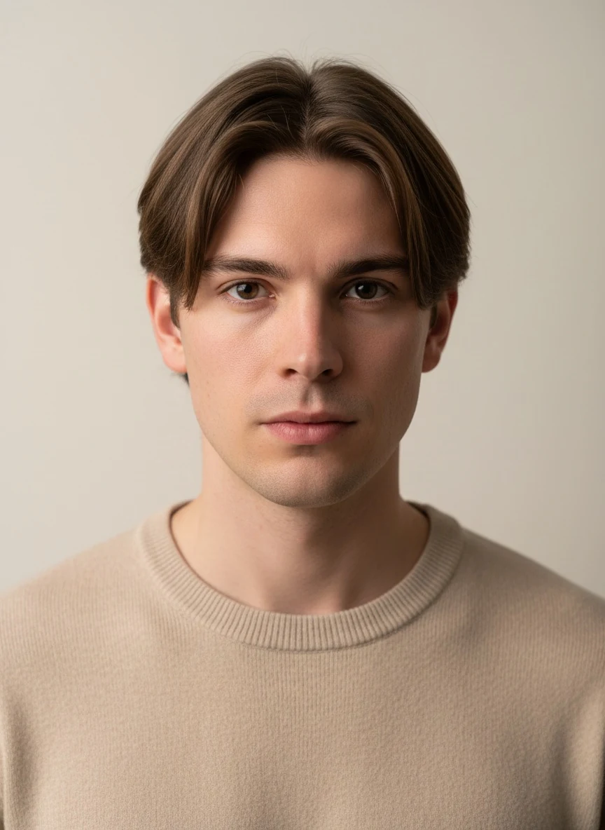 Men's curtains with an off-centre part: the front falls in two sections away from the middle of the forehead