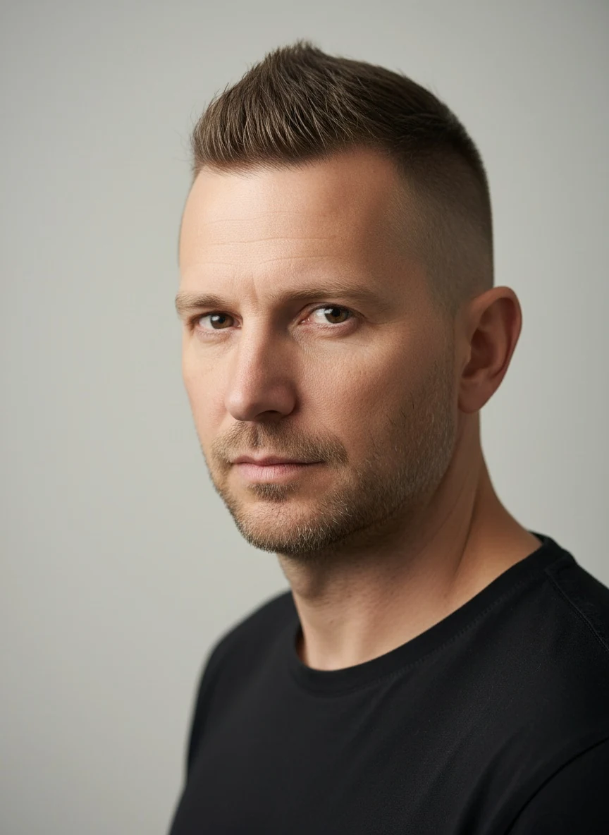 A faux hawk: hair on top pushed up toward a ridge down the centre, with short sides