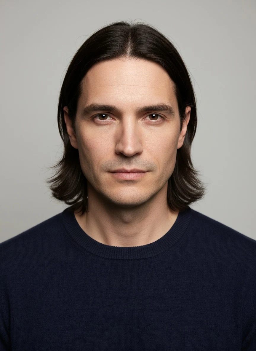 Men's chin-length straight hair with a centre part, falling flat at both sides of the face