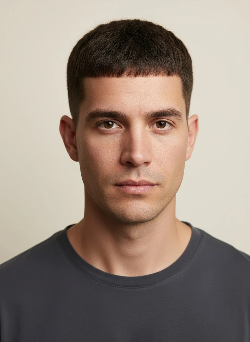 A man's textured crop worn forward with a low taper: flat on top, a short fringe over the forehead, and hair kept at the sides