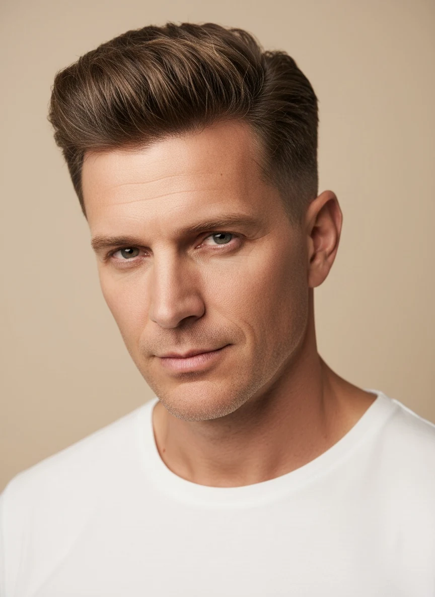 A textured quiff: the front is brushed up for height, with short tapered sides