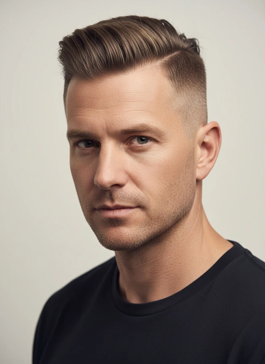 A disconnected undercut: very short sides with a hard line where the longer top begins, combed back with lift