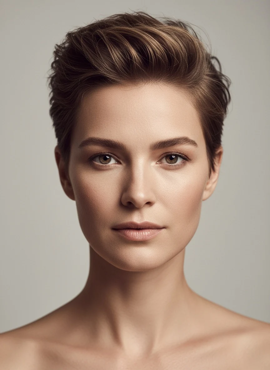 A textured pixie worn with height at the crown