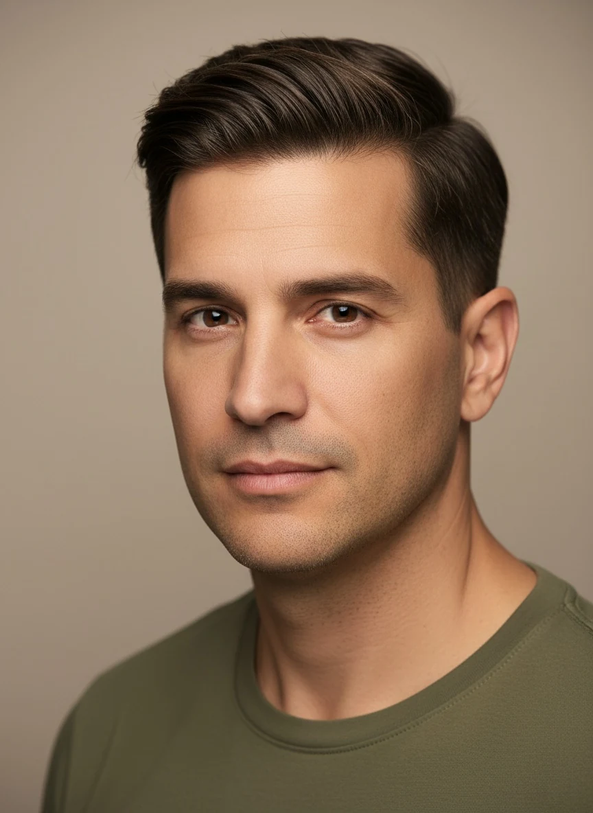 A side-swept quiff of moderate height: the front lifted a little and swept diagonally to one side, with sides left medium-short