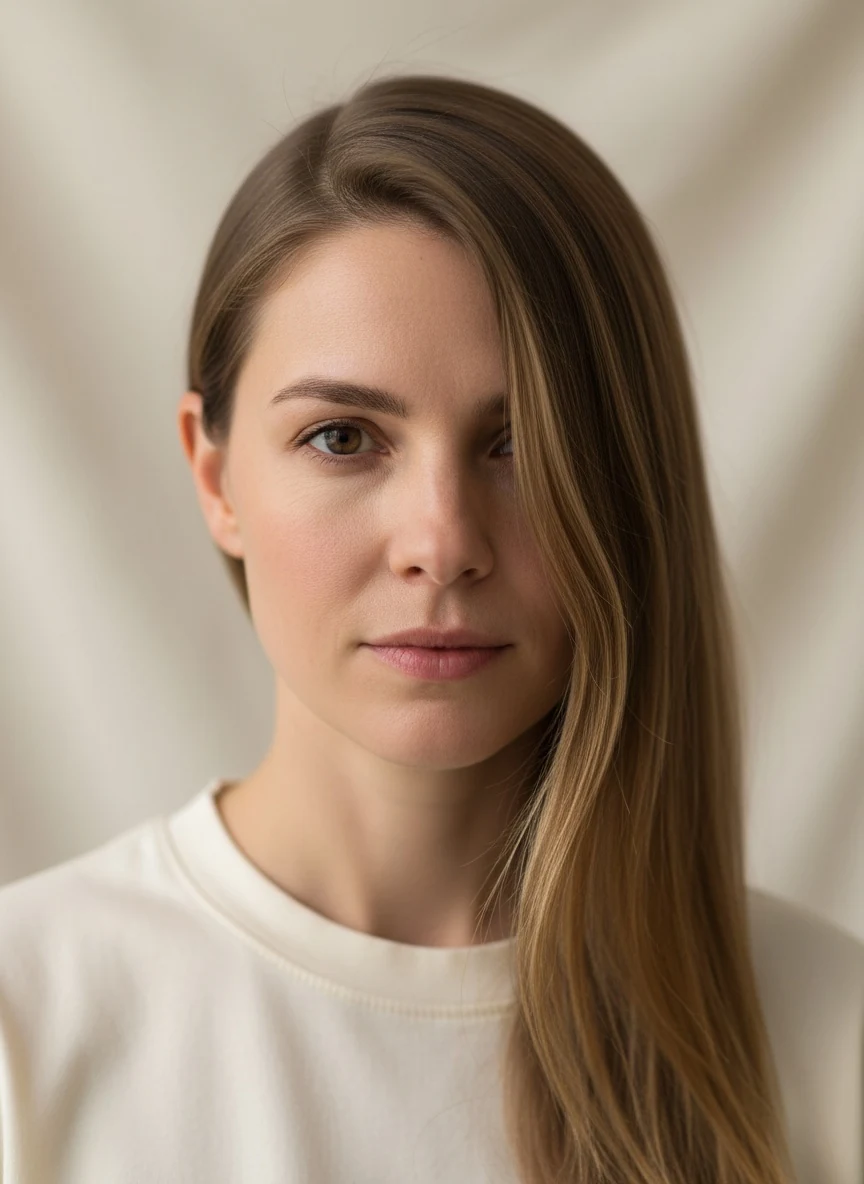 A deep side part worn smooth at the crown: the longer side sweeps diagonally across the forehead with no added height