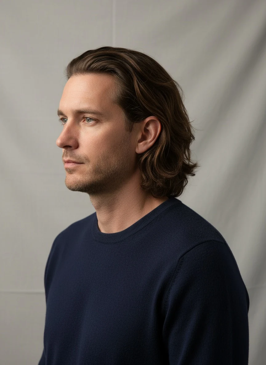 A medium-length swept-back flow: hair pushed back off the forehead and behind the ears, full at the sides, with little height on top