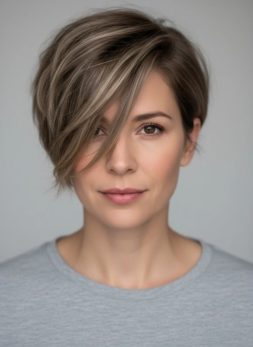 A textured bixie: a short, layered cut with longer side-swept pieces and soft ends that stop short of a blunt line at the jaw