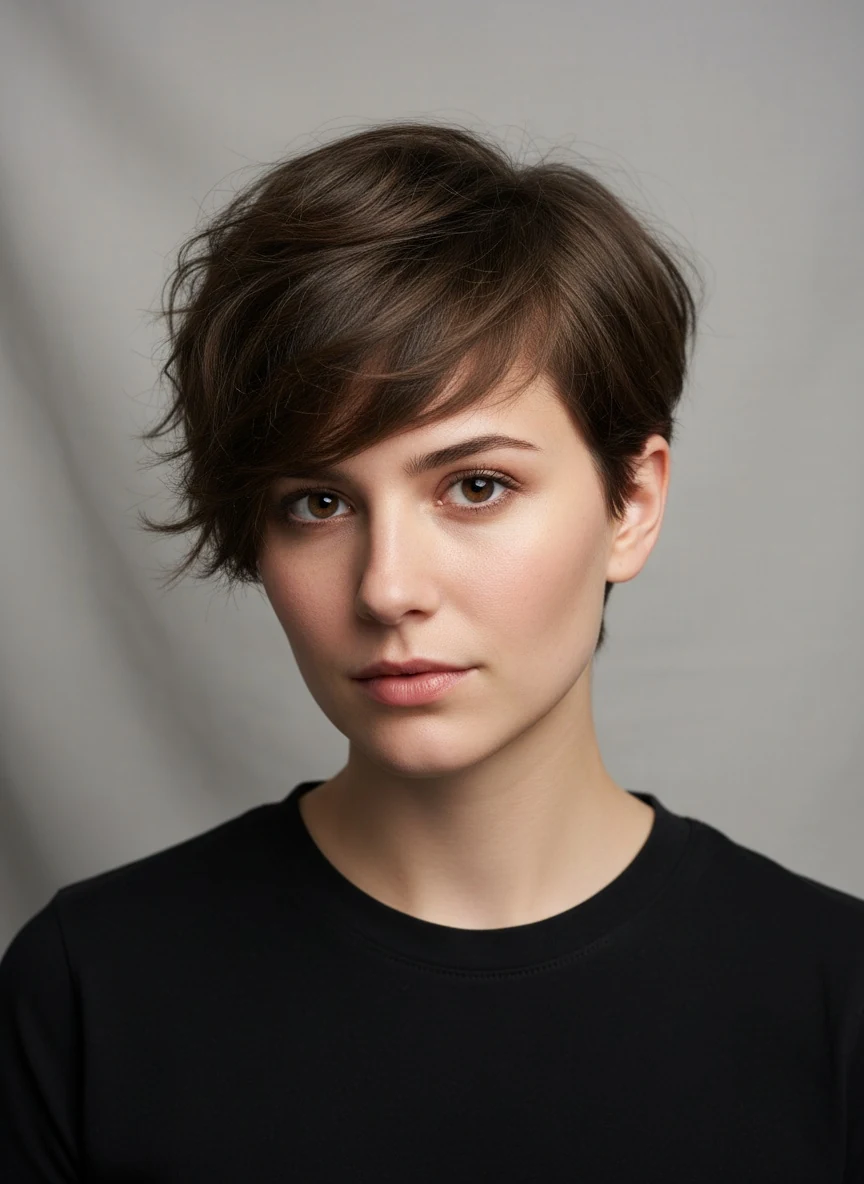 A textured pixie with volume at the temples, a flat crown, a soft side fringe and some length left in front of the ears