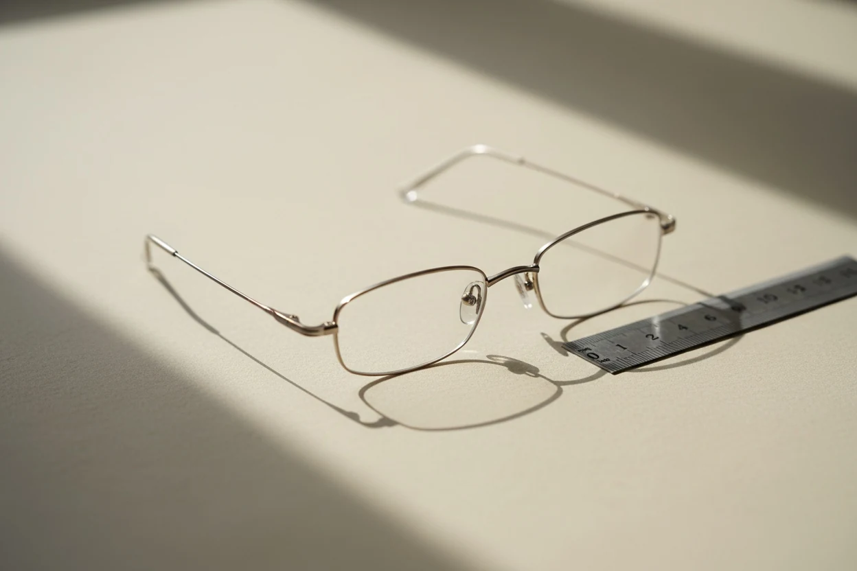 Glasses and a ruler — pupillary distance is the one measurement here reported in millimetres