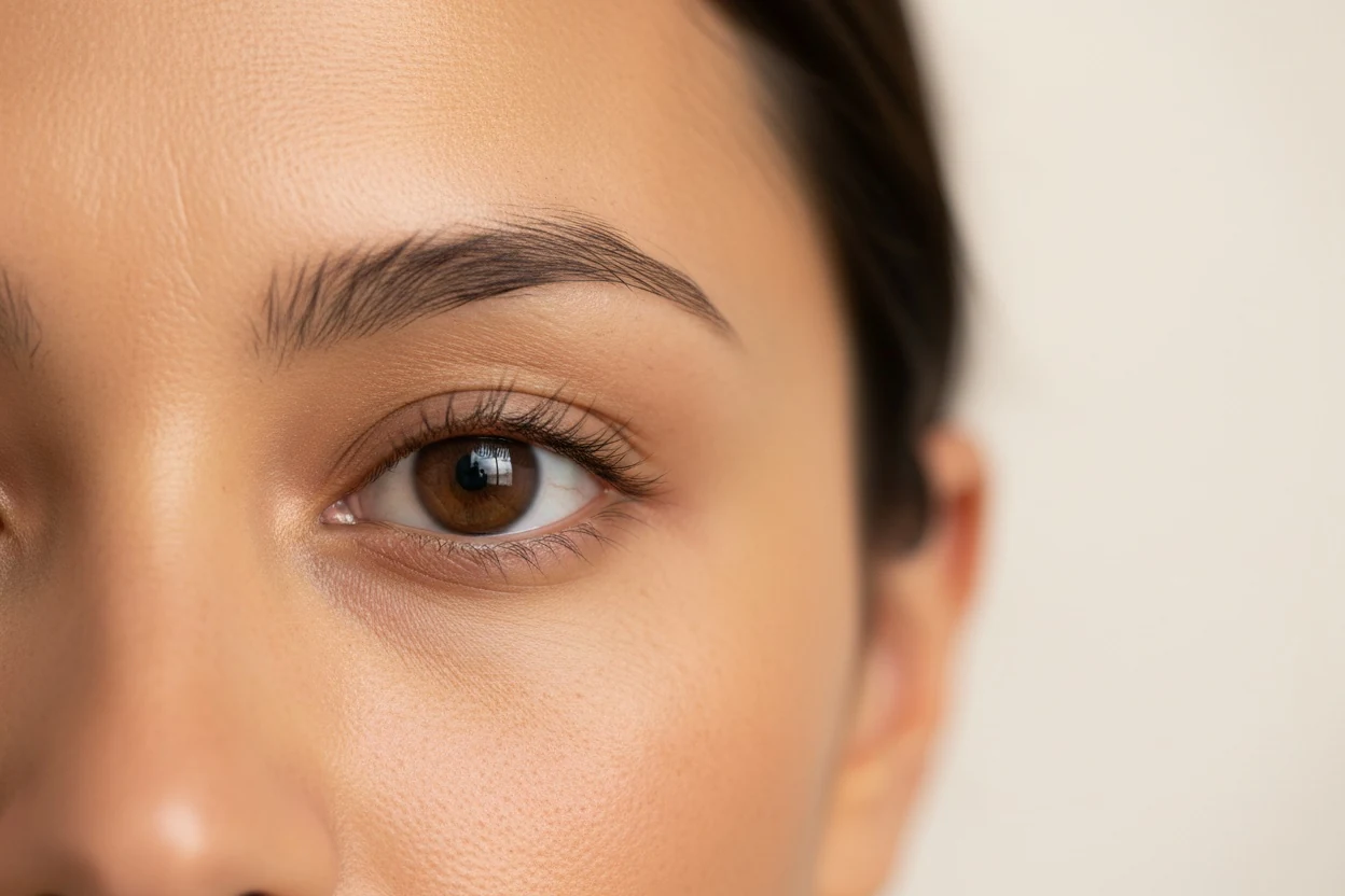 One eye photographed straight on, both corners visible — what a canthal tilt measurement needs